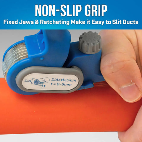 Ratcheting Duct And Cable Slitter Pro Grade With Unique Blade for Fiber Optic Ducts Up To 5 Millimeters Thick in use