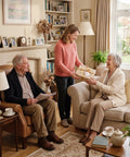 Smiling woman giving a wrapped gift to seated elderly couple in cozy living room with decorative elements.