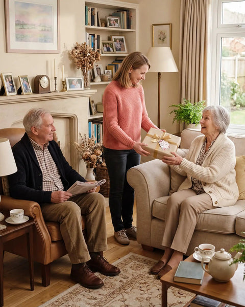 Smiling woman giving a wrapped gift to seated elderly couple in cozy living room with decorative elements.