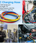 Three Piece Six Foot AC Manifold Hose Kit For R410A R134A R404A R22 With One Quarter SAE Female Flare, Four Layer Vacuum Hoses, Eight Hundred PSI Working Pressure, Pro Grade Heavy Duty Air Conditioning Charging Kit. AC charging hoses with manifold gauges and 72 in lines