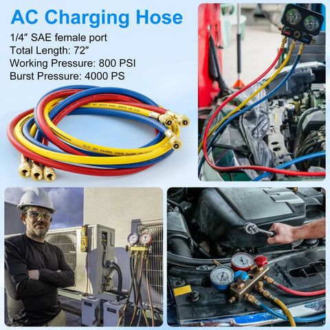 Three Piece Six Foot AC Manifold Hose Kit For R410A R134A R404A R22 With One Quarter SAE Female Flare, Four Layer Vacuum Hoses, Eight Hundred PSI Working Pressure, Pro Grade Heavy Duty Air Conditioning Charging Kit. AC charging hoses with manifold gauges and 72 in lines