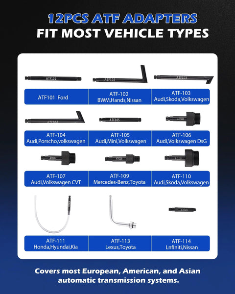 12PCS ATF adapters for Faitio 3L Auto Transmission Fluid Transfer Pump With 12 Adapters for various vehicles.