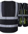 Ten Pocket High Visibility Safety Vest With Zipper Front Black Reflective Strips Breathable Polyester Lightweight Machine Washable