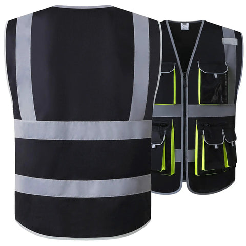 Ten Pocket High Visibility Safety Vest With Zipper Front Black Reflective Strips Breathable Polyester Lightweight Machine Washable