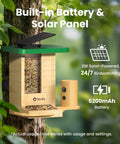 Smart Solar Powered Bird Feeder With Camera, Slow Motion Video And Night Insight installed on tree, crafted in natural Fir Wood