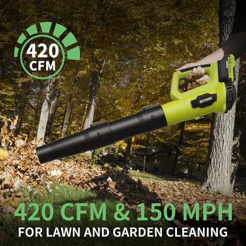 Cordless Leaf Blower 21V With 2 Batteries 2.0Ah And Fast Charger being used for lawn and garden cleaning.