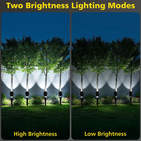 4 In 1 Solar Landscape Spot Lights Outdoor Waterproof Garden Lights With Auto On Off For Lawn Patio Yard And Pool Area White 6000K showcasing two brightness modes
