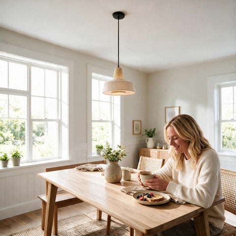 milaruoro Pendant Light with Bamboo and Linen Shade, Black Hanging Light Fixture for Kitchen Island, Modern Farmhouse Lighting in dining room