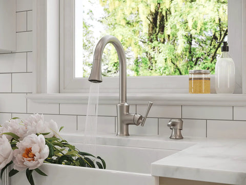 Antrom Kitchen Faucet With Pull Down Sprayer And Built In Soap Dispenser in kitchen setting, Spot Defense stainless steel finish