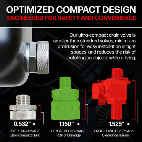 Comparison of stainless steel M12 x 1.25mm quick oil drain plug with typical valves, showcasing compact design and easy install