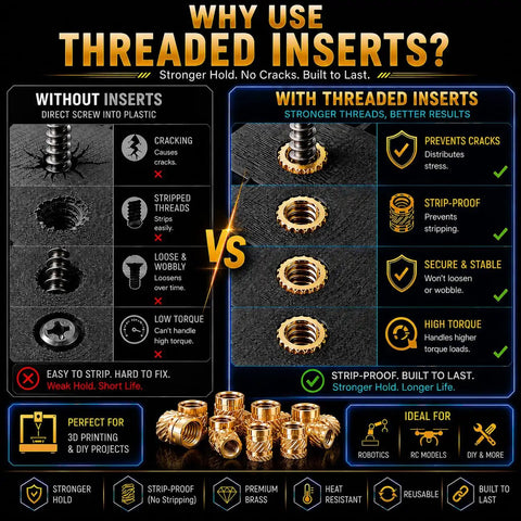 Comparison graphic showing Pro Grade Lead Free Brass Threaded Inserts Kit M5x8x7mm Heat Set Hardware vs. direct screw method.