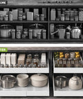 Before and after image showing organized kitchen with 4 Pack White Pull Out Cabinet Organizers 21 Inch Deep Adjustable Width.