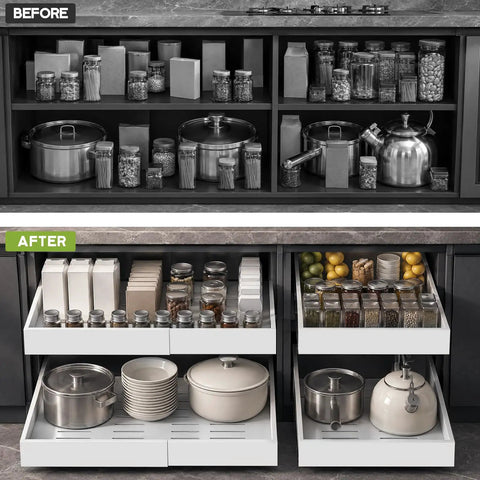 Before and after image showing organized kitchen with 4 Pack White Pull Out Cabinet Organizers 21 Inch Deep Adjustable Width.