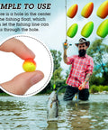 60 Piece Foam Floats Set For Fishing, Bullet Shaped Floats For Snell Rigs in yellow-green and red-yellow with trout caught