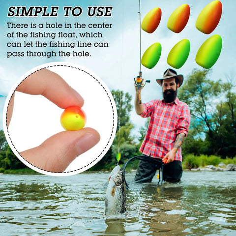 60 Piece Foam Floats Set For Fishing, Bullet Shaped Floats For Snell Rigs in yellow-green and red-yellow with trout caught