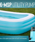 6-MSP 115V 1/3 HP Aluminum Utility Pump for Water Transfer and Flood Cleanup, 2130 GPH, shown beside an inflatable pool