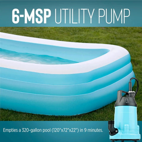 6-MSP 115V 1/3 HP Aluminum Utility Pump for Water Transfer and Flood Cleanup, 2130 GPH, shown beside an inflatable pool
