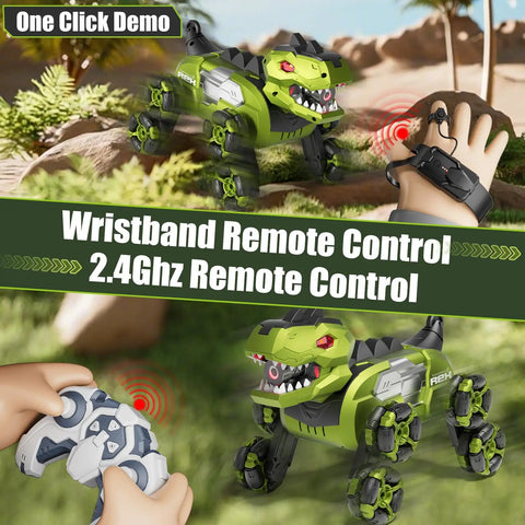 Gesture Sensing Dinosaur Monster Truck Remote Control Car With 8WD Off Road Stunt Vehicle in green with wristband control.