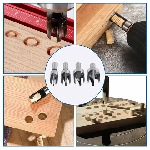 Heavy Duty Wood Plug Cutter Set With Eight Titanium Coated Drill Bits For Woodworking Projects Deep Cut Shanks Nine Point Three Millimeters shown in action.