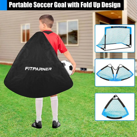 Backyard Kids Soccer Goals Set Two Pack Portable Pop Up Nets With Ball Cones Pump And Ground Stakes Complete Training Gear Kit For Kids Ages 3 To 14
