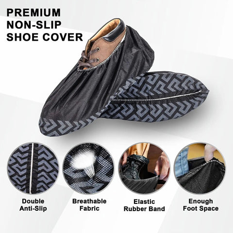 Premium Disposable Large Shoe Covers With Slip Resistance And Durable Nonwoven Polypropylene For Booties Fits Men 10.5 And Women 12 Black 100 Pack 50 Pairs Water And Dust Resistant For Home Work And Cleanroom Use showing non-slip sole and elastic fit.