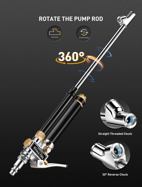 Heavy Duty Tire Inflator With Pressure Gauge And 16.5 Inch Extended Dual Head Air Chuck showing 360-degree rotation feature.