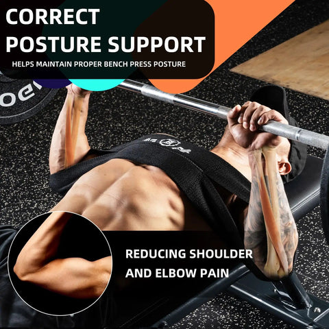 Man using Sling Bench Press Band For Men And Women Power Weight Lifting Fitness Gear Push Up Assist Strength Training Equipment For Home Gym Adjustable Resistance Band Block during bench press in gym.