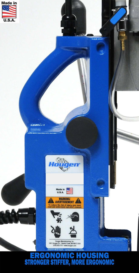 Hougen HMD904S 115V swivel-base coolant magnetic drill, blue metal housing (side view)