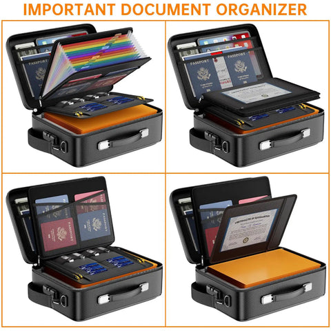 Fireproof Document Box With Lock And Hard Shell Organizer for home office and travel showing accordion folder and documents