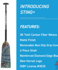 Sting Plus Dragon Boat Paddle Turtle Design with adjustable carbon fiber shaft, IDBF approved, race-ready clamp adjustable.