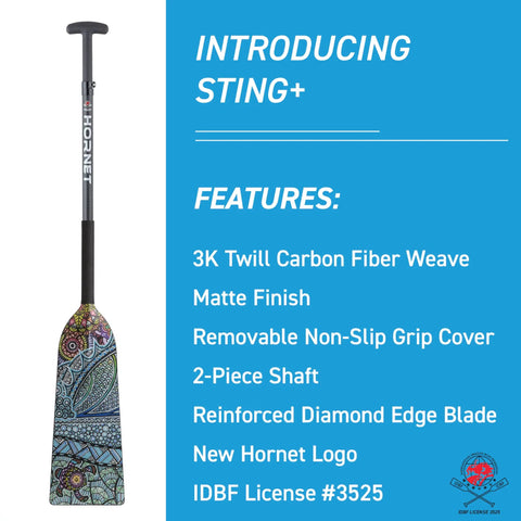 Sting Plus Dragon Boat Paddle Turtle Design with adjustable carbon fiber shaft, IDBF approved, race-ready clamp adjustable.