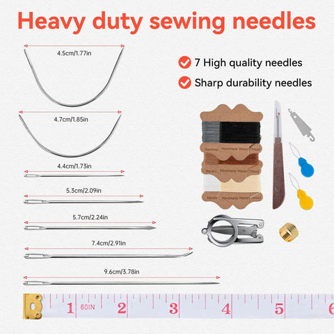 Pro Grade Leather Sewing Kit With Waxed Thread, 22 Pcs, 6 Color Spools, hand stitching needles, measured heavy duty sewing tools