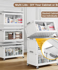 Straight Up Heavy Duty Storage Bins With Secure Lids Four Pack White Hella Spacious Plastic Containers For Garage Bedroom Big Time Organization Smooth Rolling Casters, stacked with open lid showing contents.