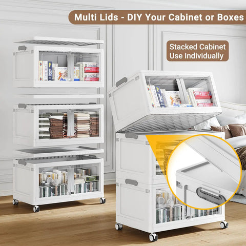 Straight Up Heavy Duty Storage Bins With Secure Lids Four Pack White Hella Spacious Plastic Containers For Garage Bedroom Big Time Organization Smooth Rolling Casters, stacked with open lid showing contents.