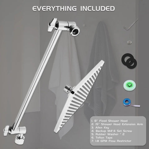 Boss Level High Pressure Rainfall Square Showerhead With 8 Inch Face and 15 Inch Extension Arm 304 Stainless accessories