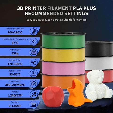 Eight Color Elite PLA Plus 3D Printer Filament Bundle with multicolor 1.75mm spools and recommended settings guide