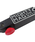 Mighty Mag magnetic base, black metal with red knurled thumbscrews, side view