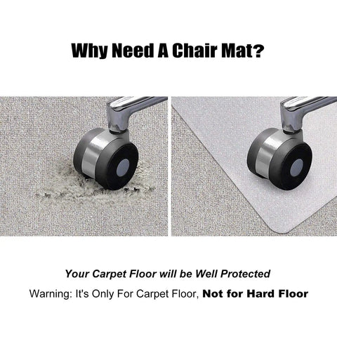 Comparison image of chair wheel on carpet with and without Transparent Desk Chair Mat for Carpet 46 By 72 Inches Low Pile Floor Protector