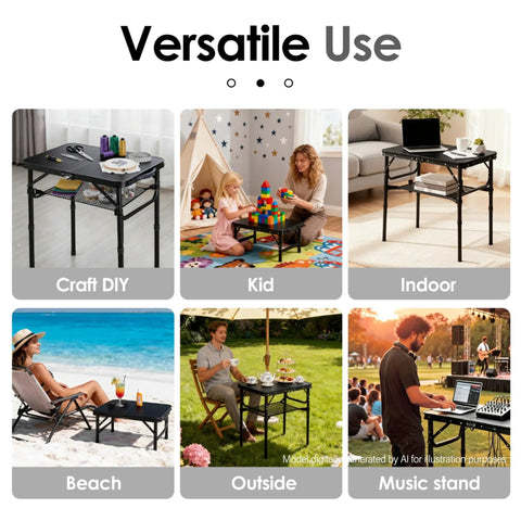 Versatile use of Foldable TV Tray Table With Adjustable Height, Sturdy Aluminum Sofa End Table for indoor and outdoor settings.