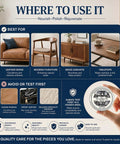 Diagram showing best uses for All In One Leather And Wood Furniture Salve With Brush Set Deep Conditioning Wax on furniture surfaces.