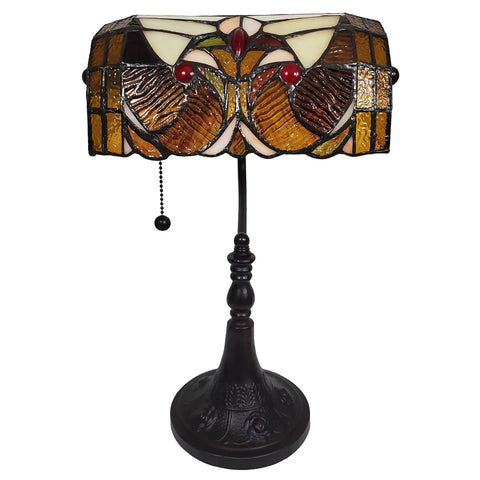 Tiffany Style Stained Glass Desk Lamp With 16 Inch Tall Body Dark Amber Finish Swivel Arm And Tilting Shade Hand Cut 74 Piece Glass Mosaic