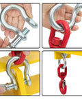 Heavy Duty Universal Forklift Lifting Hook Rated For 4800 Lb Loads attached with red safety latch and yellow mount in use.