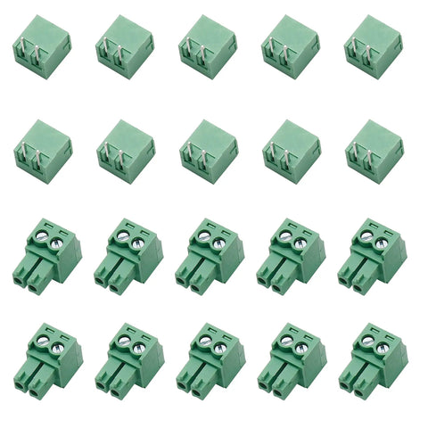 Green 10 Pack 3.81mm Pitch 2 Pin PCB Screw Terminal Block Connector Plug KF2EDGK set displayed in rows.