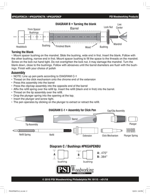 Diagram B for Gatsby Click Ballpoint Pen Woodturning Kit Slick Gold Hardware explaining turning the blank process.