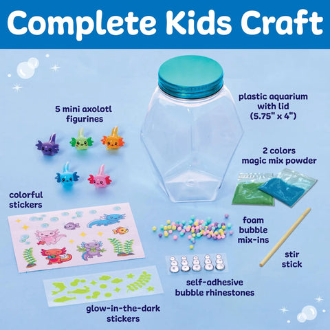 Totally Glowing Axolotl Aquarium Craft Kit For Kids Ages 6 And Up With Five Mini Axolotls, Glow In The Dark Decor, And STEM Fun, Hands On Arts And Science Gift For Girls And Boys clear kit layout with 5 axolotl figurines, plastic aquarium, stickers, and mix-ins