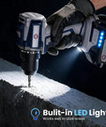 Heavy Duty 20 Volt Max Brushless Cordless Drill Kit With Badass 70 Newton Meter Torque And 1800 Rpm Speed For No Fuss Home Fixes Furniture Buildout And Everyday Diy Jobs Featuring Quick Change Keyless Chuck drilling into concrete with built-in LED light.