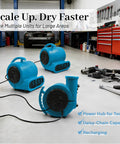 Air Mover Blower Fan 280W 1/2 HP Copper Motor Delivers 2500 CFM For Fast Carpet And Floor Drying Portable Unit with tools in garage