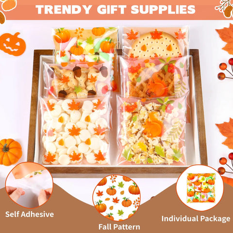 Fall Treat Bags 200 Pack, 4x4 Self Sealing Cellophane Bags filled with fall-themed cookies and candies, perfect for autumn decor.