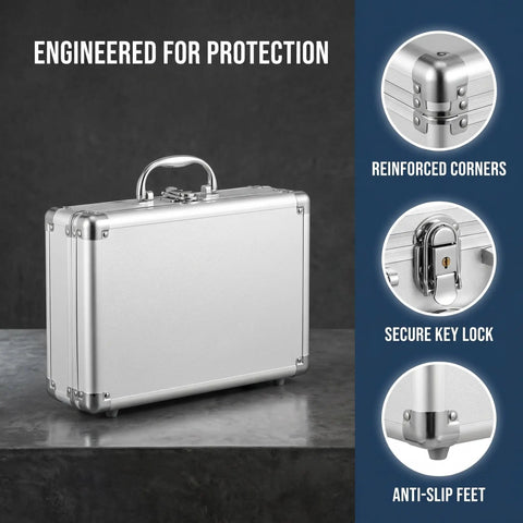 Premium Aluminum Alloy Tool Box with Foam Interior and Sturdy Handle for Safe Transit and Organized Storage of Tools or Valuable Items Travel Friendly Hard Shell Container that Keeps Your Gear Lock Tight featuring reinforced corners and secure key lock.