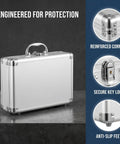 Tough As Nails Lockable Aluminum Alloy Toolbox With Shock Absorbing Foam Insert showing secure key lock and reinforced corners.
